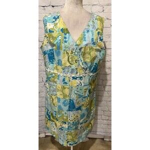 Tahiti Reef Club Dress Sleeveless Cotton Sheath Turquoise/Citron Floral Plus 1X